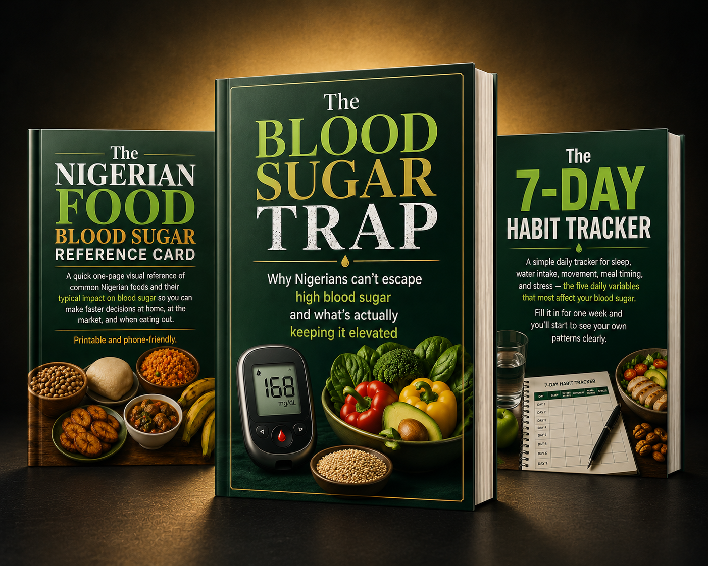 The complete Blood Sugar Trap bundle — the guide, the Nigerian Food Blood Sugar Reference Card, and the 7-Day Habit Tracker