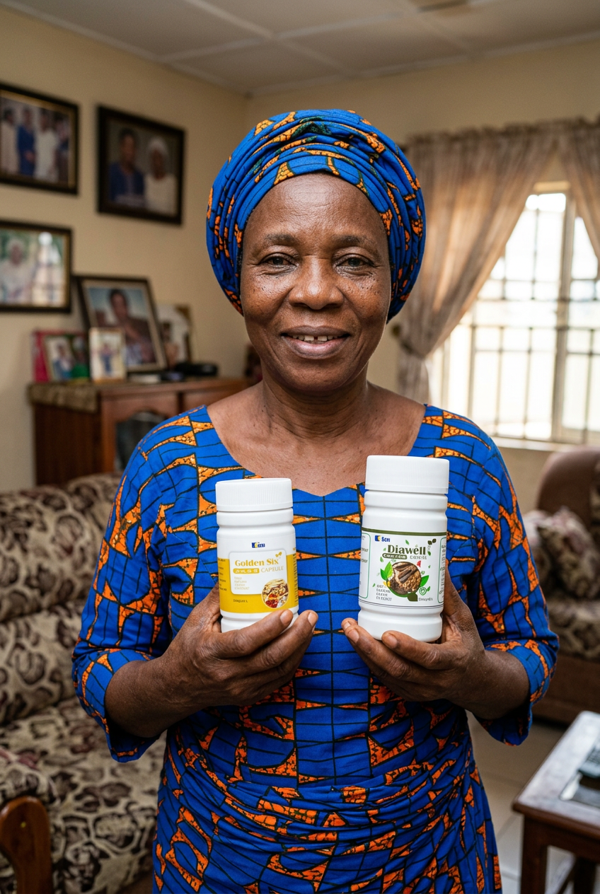Ngozi holding her Diawell and Golden Six bottles in her kitchen