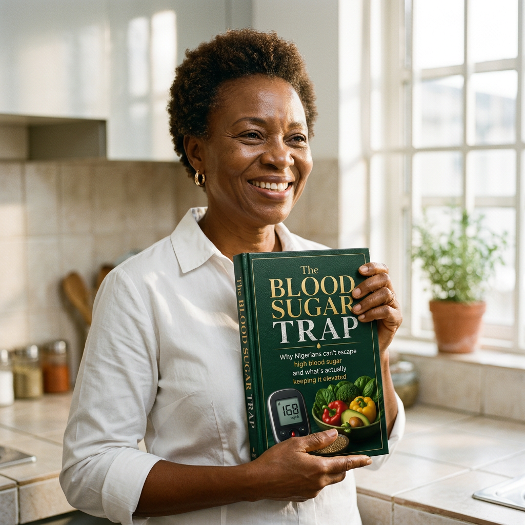 Ngozi holding The Blood Sugar Trap book in her kitchen